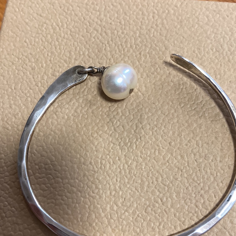 Hammered Sterling Silver Cuff Bracelet with White Pearl Accent - Picture 2 of 11